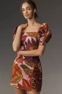 Neu Farm Rio Puffärmel quadratischer Ausschnitt schmales Minikleid Größe L $ 218 Neu mit Etikett - Bild 1 von 4