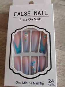 Pink Peach False Nails Baby Blue Floral Diamante Ombre Mix Match PressOn FakeGem - Picture 1 of 2