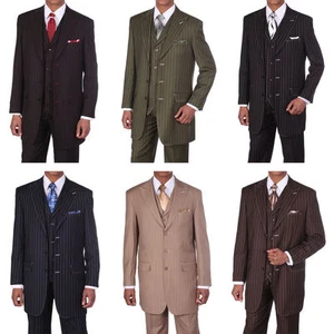 Men's 3 pcs Wool Feel Classic Gangster Pinstripe Suits with Vest 5903 - Picture 1 of 15