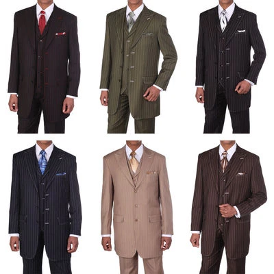 Men's 3 pcs Wool Feel Classic Gangster Pinstripe Suits with Vest 5903  - Image 1 of 4