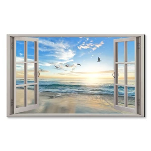 Möwen fliegen bei Sonnenuntergang über den Strand Fenster Ansicht Leinwand Druck Wandkunst - Bild 1 von 7