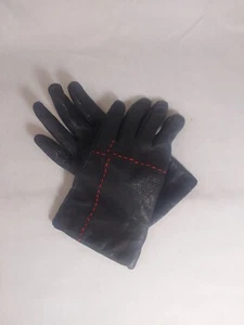 Women's Black Leather Driving Gloves Small With Red Stitching And Cozy Lining - Picture 1 of 4