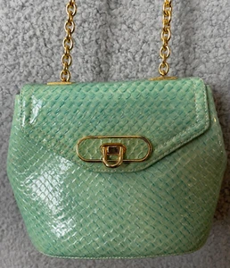 Purse Womens Mini Aqua Leather Evening Bag FlapOver Lock Gold Chain VTG - Picture 1 of 11