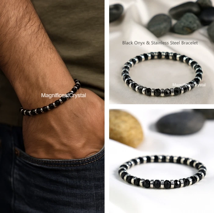 Pulsera de acero inoxidable de ónix negro para hombre 4 mm estilo punk elástica joyería regalo Foto 1 de 4