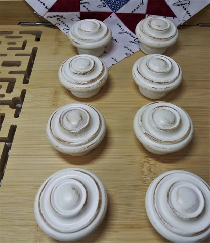 8 Vintage Wooden Drawer Knobs Wood Furniture Off White Color Distress 1.75" Diam Cover