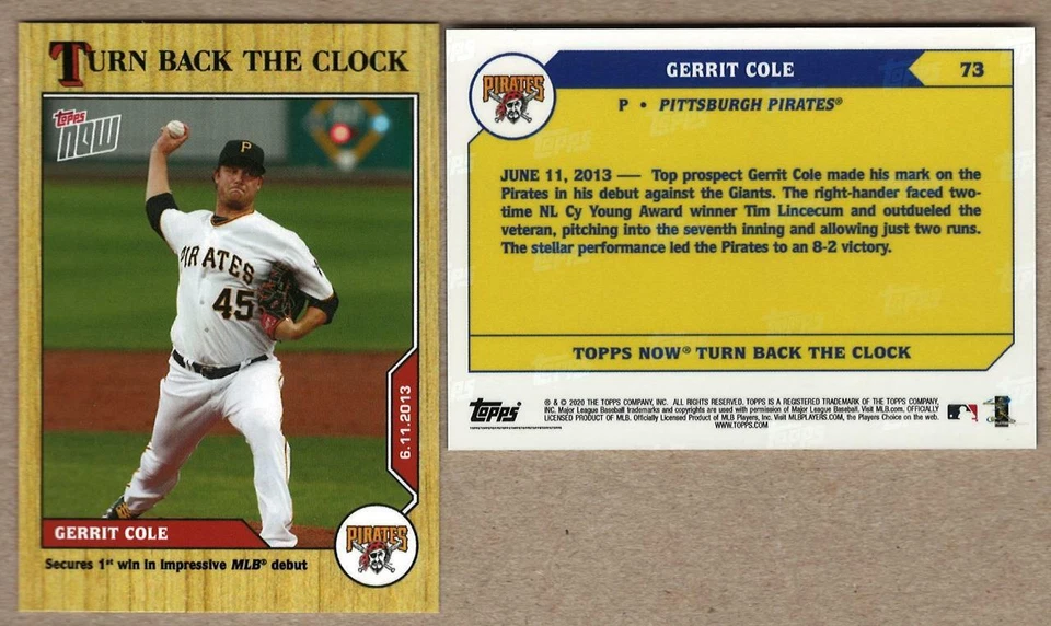 2020 Topps Now Turn Back the Clock #73 - GERRIT COLE - Pirates - Print Run 366 - Image 1 of 1