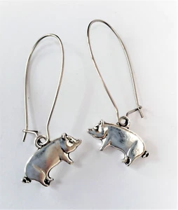SILVER PIG DROP/ DANGLE EARRINGS - Stainless Steel Anti Allergy Ear Wires - Picture 1 of 6
