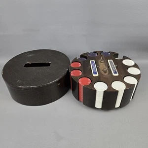 Vintage Dark Wood Poker Chip Caddy Carousel with Cover Chips - Picture 1 of 13