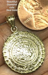 GOLd Aztec pendant Azteca 10k Calendar SOLID charm necklace DIAMOND CUT 1.15" - Picture 1 of 11