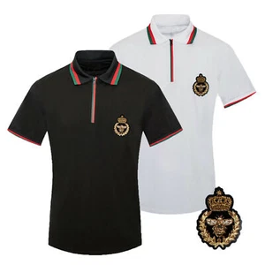 Mens Polo Shirt Designer Striped Collar Embroidered Crown Logo Stretch Casual - Picture 1 of 7