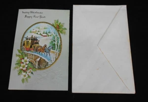 Vintage unbenutzte traditionelle Weihnachtskarte Pferdekutsche bedruckt in Frankreich - Bild 1 von 6
