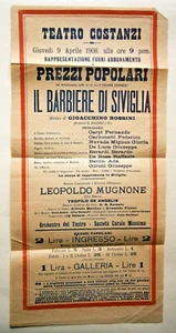 1908 TEATRO COSTANZI Broadside for "IL BARBIERE DE SIVIGLIA" (BARBER OF SEVILLE) - Imagen 1 de 4