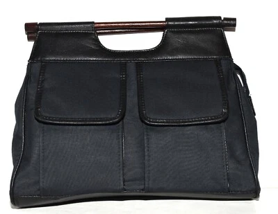 Black Canvas Fabric Faux Leather Trim Wood Handles Satchel Handbag NWOT - Image 1 of 4