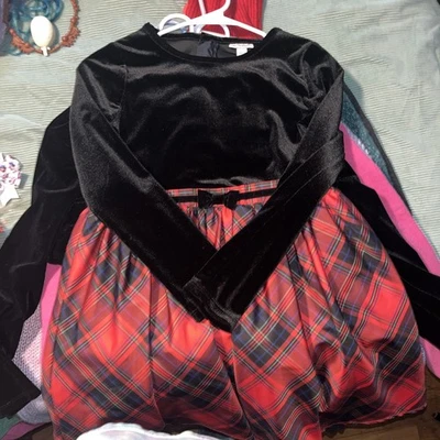 Cat & Jack Girls 10/12 Taffeta Red Plaid Special Dress Long Sleeve Black Velvet - Image 1 of 4