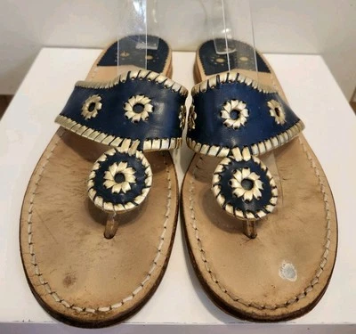 Sandalias Jack Rogers "Navajo" Cuero Azul Marino/Dorado Whipstich Tanga Talla 10 $138 Foto 1 de 4