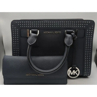 Michael Kors Navy Satchel Handbag and Wallet Set Studded Designer Bag - Image 1 of 4