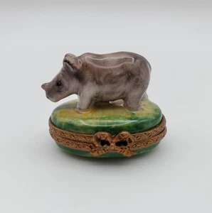 LIMOGES France Peint Main Parry Vielle Baby Rhino MINI Trinket Box Vintage MINT - Foto 1 di 15