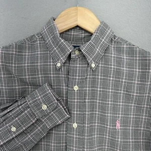 Ralph Lauren Button Down Shirt Gray Check Plaid Long Sleeve Pink Pony SZ M Prep - Picture 1 of 8