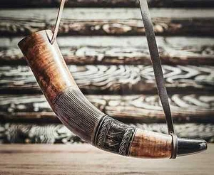War Gift Viking Genuine 18 Ox-Horn Horn Engraved Battle Premium Hand Trumpet Blo - Picture 1 of 4