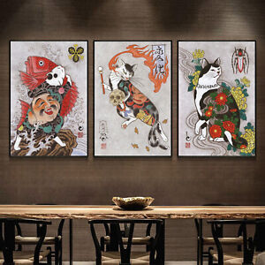 Set 3 Silk Canvas Tattoo Cat Samurai Japan Ukiyoe Art Paint Poster Decor P217