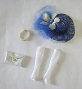 Vtg Mattel Barbie Accessories White Gloves Pearls Purse with New Blue Hat - Picture 1 of 6