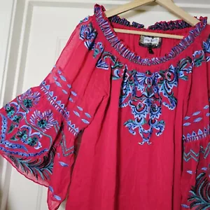 Top túnica vintage de gasa roja para mujer azul bordado floral con cuentas L - Imagen 1 de 12