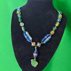 Art Glass Necklace Leaf Leaves Blue Green Long 24" Beaded Garden Fairy Artsy - Picture 1 of 15