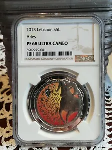 Lebanon 2013 5 LIVRES Silver Proof coin UNC ZODIAC signs Aries NGC PF68 top pop - Picture 1 of 2