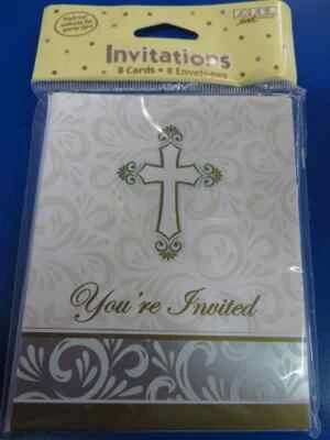 Divinity Cross Silver Gold Religious Christian Party Invitations w/Envelopes - Image 1 of 2