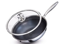 Padella per friggere wok in acciaio inox con coperchio 30 cm salta arrostimento padella antiaderente profonda