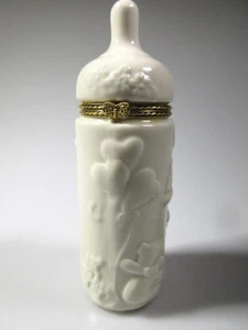 Hinged Baby Bottle Trinket Box Cream White Embossed Porcelain Gold-Tone Clasp - Picture 1 of 6