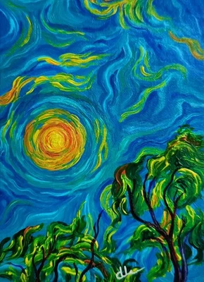 Starry Vibes ACEO 原创丙烯酸绘画复古自然艺术签名 ATC — 第 1/2 张图片