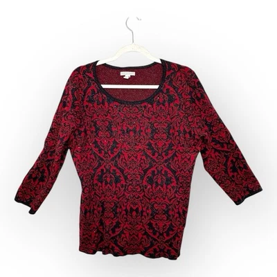 Dana Buchman Red Black Damask Knit Sweater Metallic Holiday Top L - Image 1 of 4