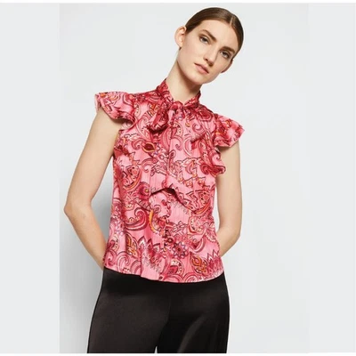 Alice + Olivia - Brently Paisley Pink Ruffle Blouse - Size Large - Image 1 of 4