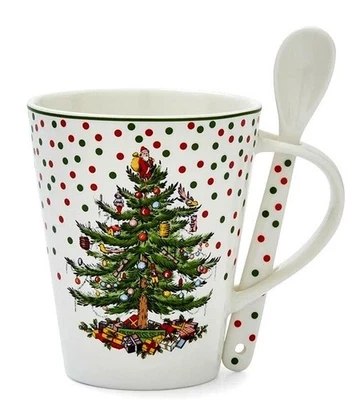 Spode Árbol de Navidad Lunares Chocolate Caliente Cacao Taza y Cuchara Set NUEVO EN CAJA Foto 1 de 2