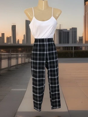 Pantalones ajustados de tiro alto talla 8 (M) negros blancos a cuadros tobillo elásticos Foto 1 de 4
