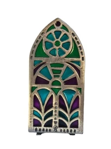 Vintage Cast Iron Stained Glass Cathedral Window Candle Holder Green Purple Blue - Picture 1 of 9