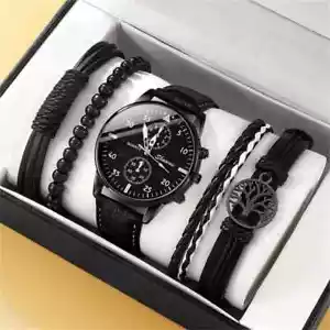 Luxury Men's Black Sports Dial Watch 5Pcs Set with Leather Band - Picture 1 of 5