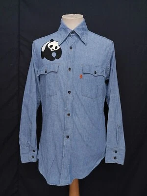 COMO NUEVO De Colección Años 70 Levis Naranja Tab Cambray Negro Botón Para Hombre Camisa de Trabajo Azul Cielo M Foto 1 de 4