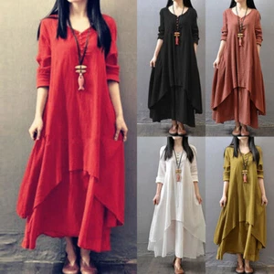 Womens Casual Tunic Long Sleeve Maxi Dress V Neck Cotton Linen Loose Dresses - Picture 1 of 18