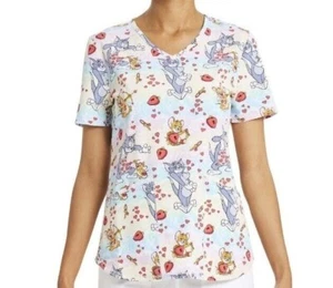 Blusa Médica Pequeña Tom & Jerry para Mujer Talla Mediana Corazones Cupido San Valentín - Imagen 1 de 5