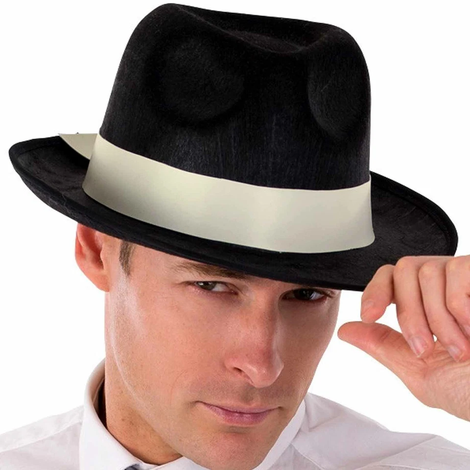 Black Gangster Hat Mens Fedora Costume Black Feltex Off White Band 1920s - image 1 of 2