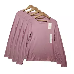 Womens Long Sleeve T Shirt Solid Stretch Top Ribbed Knit Pink 4 Pack Size Medium - Picture 1 of 8