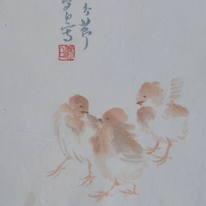 Ilustración de libro de tres pollitos grabado en madera a color chino papel japonés siglo XX - Imagen 1 de 4