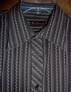 BEN SHERMAN - BROWN STRIPE LONG-SLEEVE COTTON SHIRT - MENS XL/34 - Picture 1 of 2
