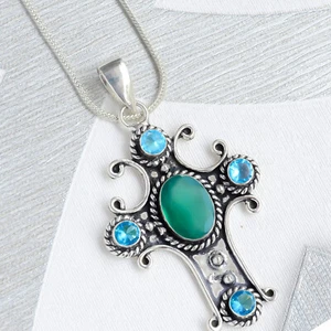 Oval Green Onyx, Blue Topaz Gems Pendant 925 Sterling Silver Unique Men's Cross - Picture 1 of 8