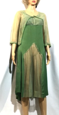 Vintage Antique 1920s Fairy Green Gown Capelet Cape Dress Tulle Silk Art Deco - Image 1 of 4