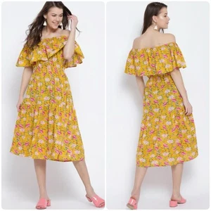 Vestido midi Sera floral con volantes fuera del hombro en capas de algodón amarillo talla XL - Imagen 1 de 11