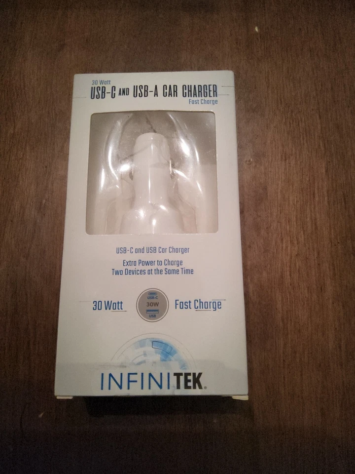 InfiniTek 30 Watt USB-C and USB-A Car Charger Fast Charge White - Image 1 of 1