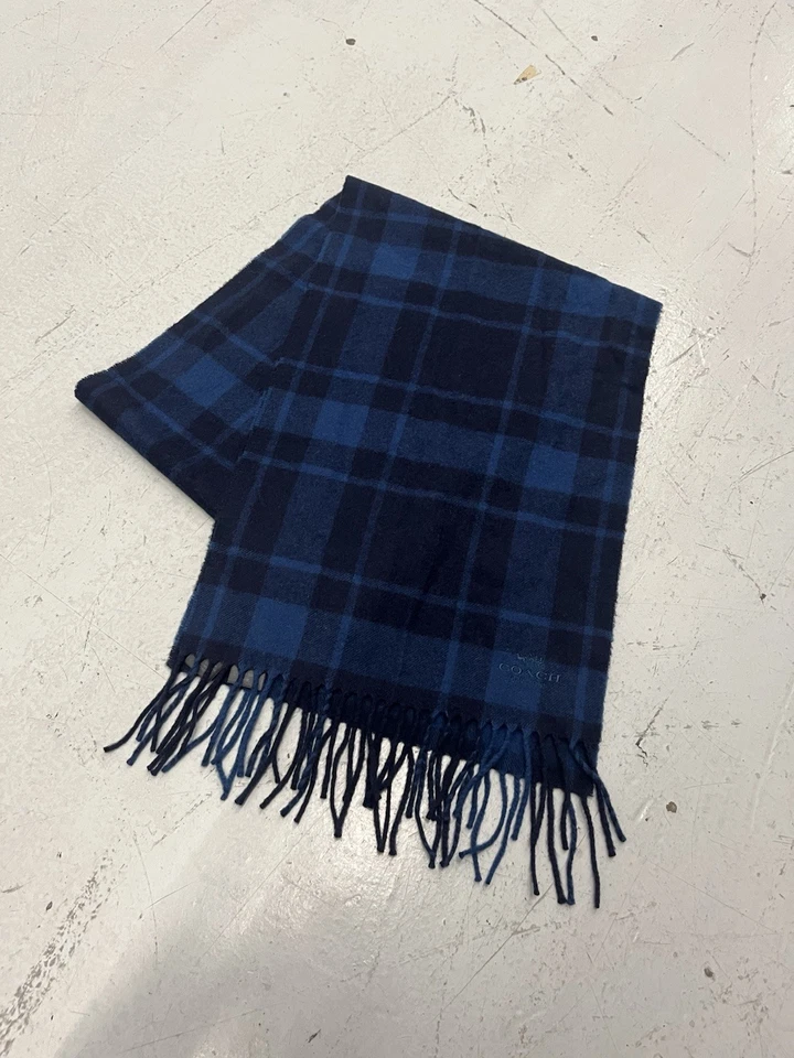 Bufanda Coach Cashmere azul negro a cuadros con flecos 66x12  Foto 1 de 4